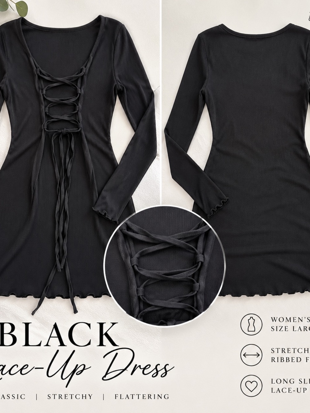 Women’s Black Ribbed Stretch Lace-Up Long Sleeve Dress Size Large